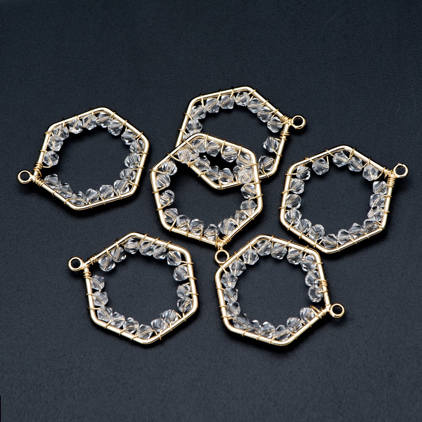 10pcs Gold Beaded Hexagonal Charms , Wired Crystal Beads Geometric Pendants, Dangle Earring Components (GB-684)