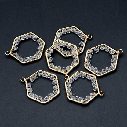 10pcs Gold Beaded Hexagonal Charms , Wired Crystal Beads Geometric Pendants, Dangle Earring Components (GB-552-F)