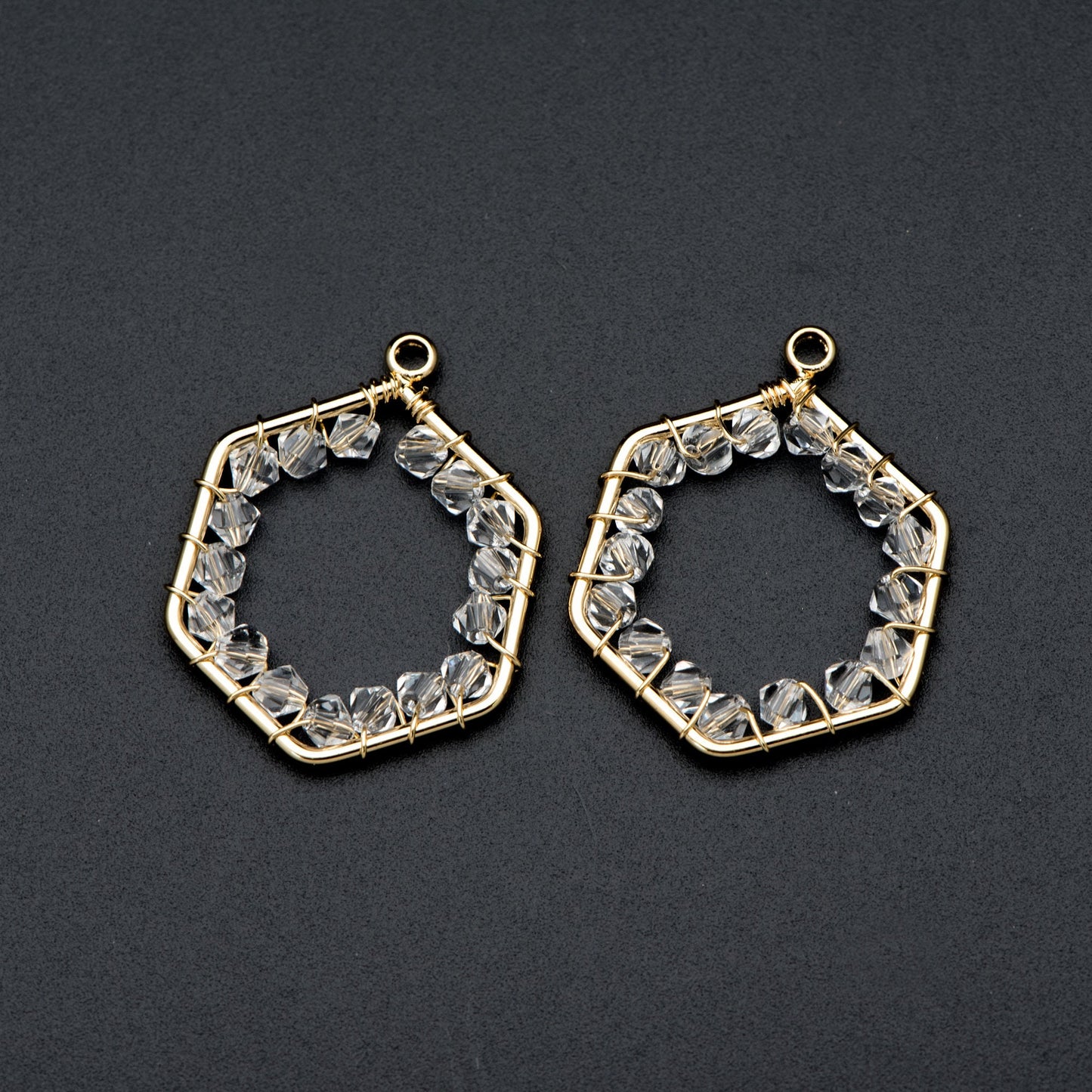 10pcs Gold Beaded Hexagonal Charms , Wired Crystal Beads Geometric Pendants, Dangle Earring Components (GB-684)