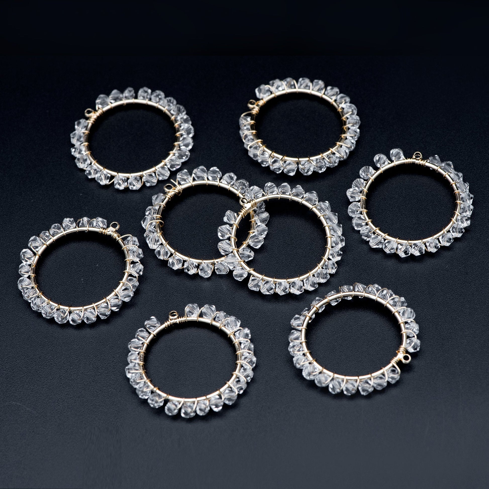 10pcs Gold Beaded 29mm Round Circle Charms , Wired Crystal Beads Geometric Pendants, Dangle Earring Components (GB-683)