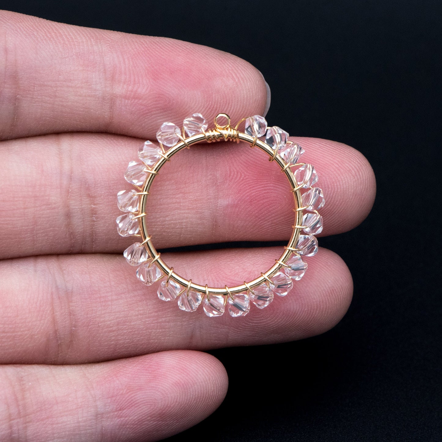 10pcs Gold Beaded 29mm Round Circle Charms , Wired Crystal Beads Geometric Pendants, Dangle Earring Components (GB-683)