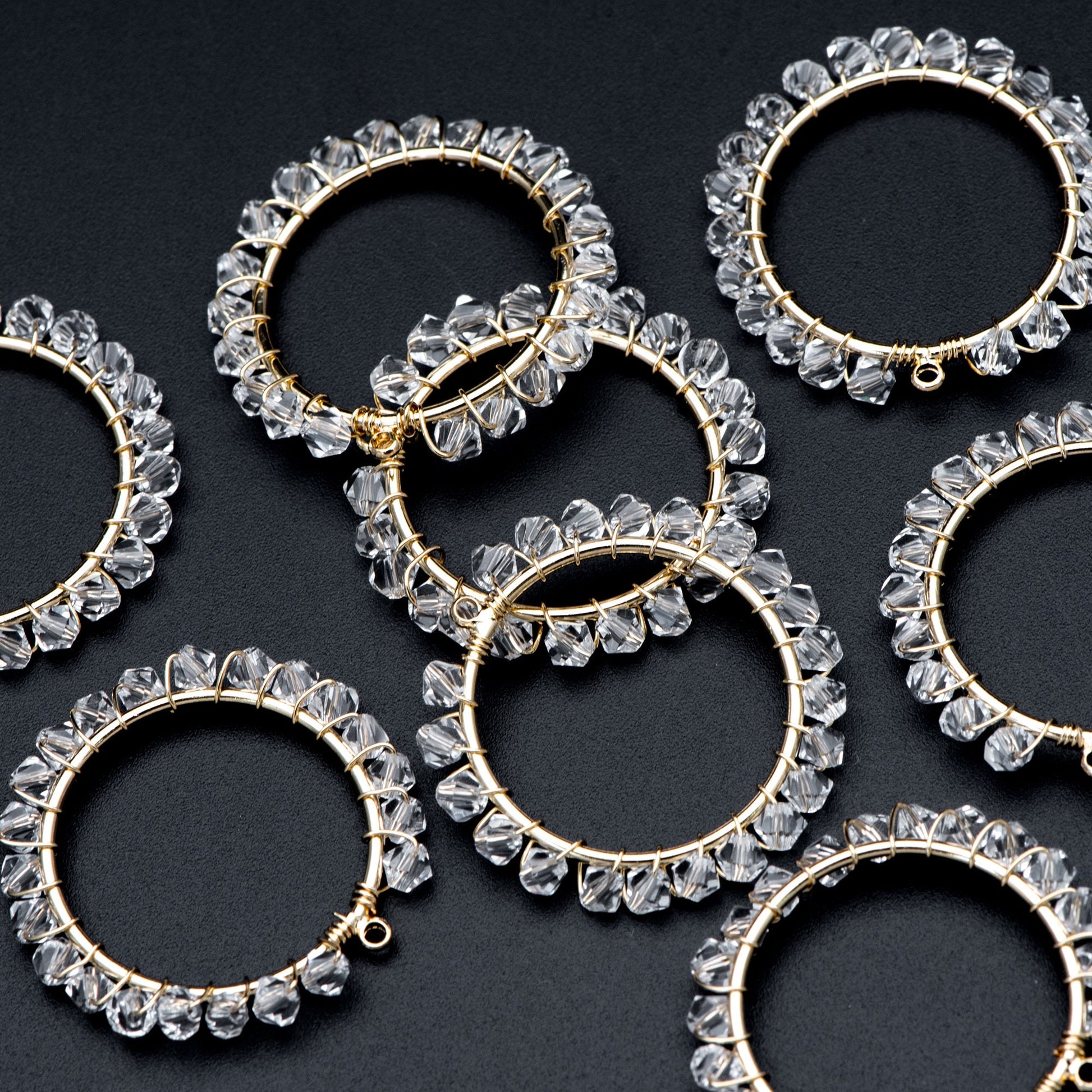 10pcs Gold Beaded 29mm Round Circle Charms , Wired Crystal Beads Geometric Pendants, Dangle Earring Components (GB-683)