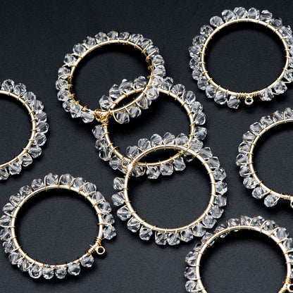 10pcs Gold Beaded 29mm Round Circle Charms , Wired Crystal Beads Geometric Pendants, Dangle Earring Components (GB-683)