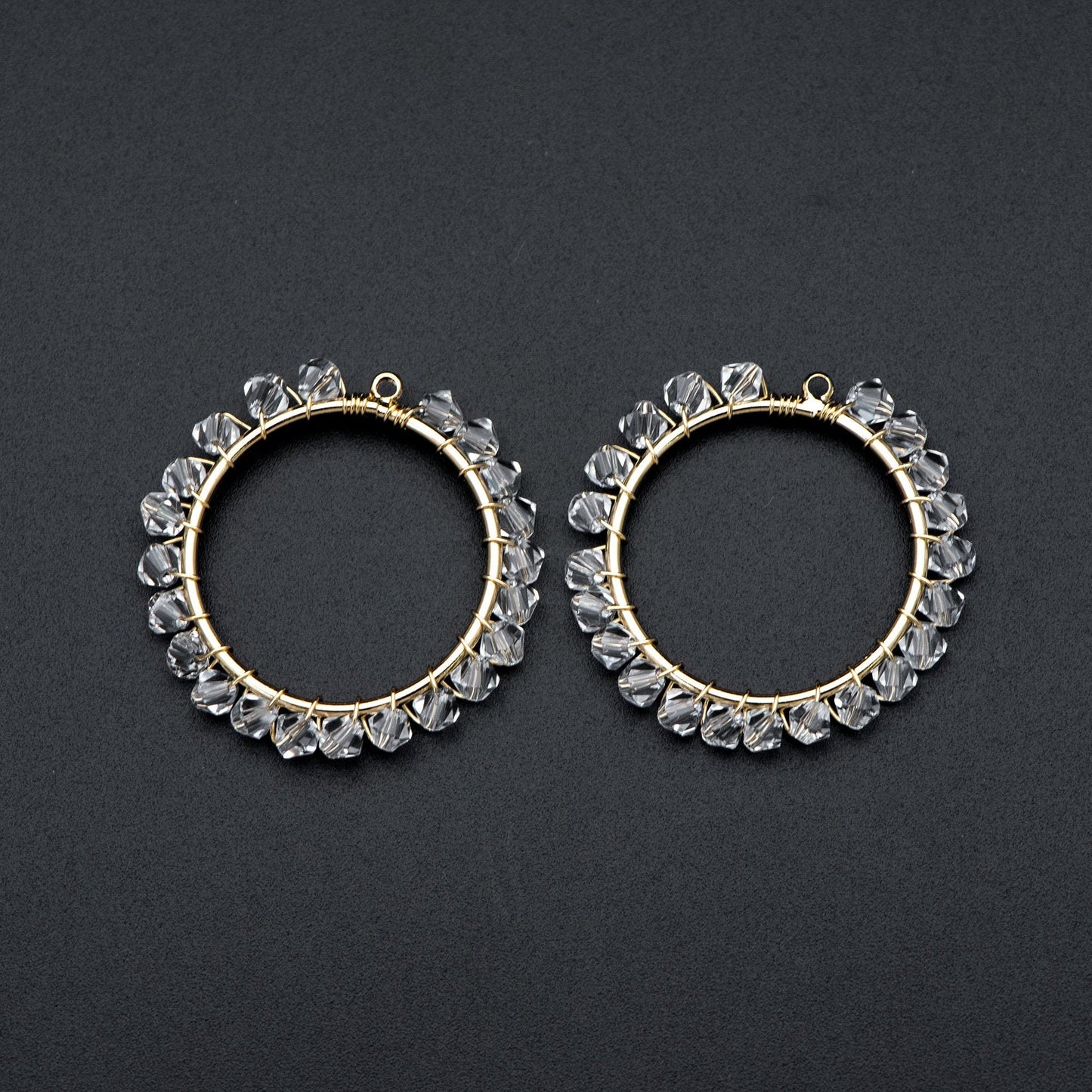 10pcs Gold Beaded 29mm Round Circle Charms , Wired Crystal Beads Geometric Pendants, Dangle Earring Components (GB-683)