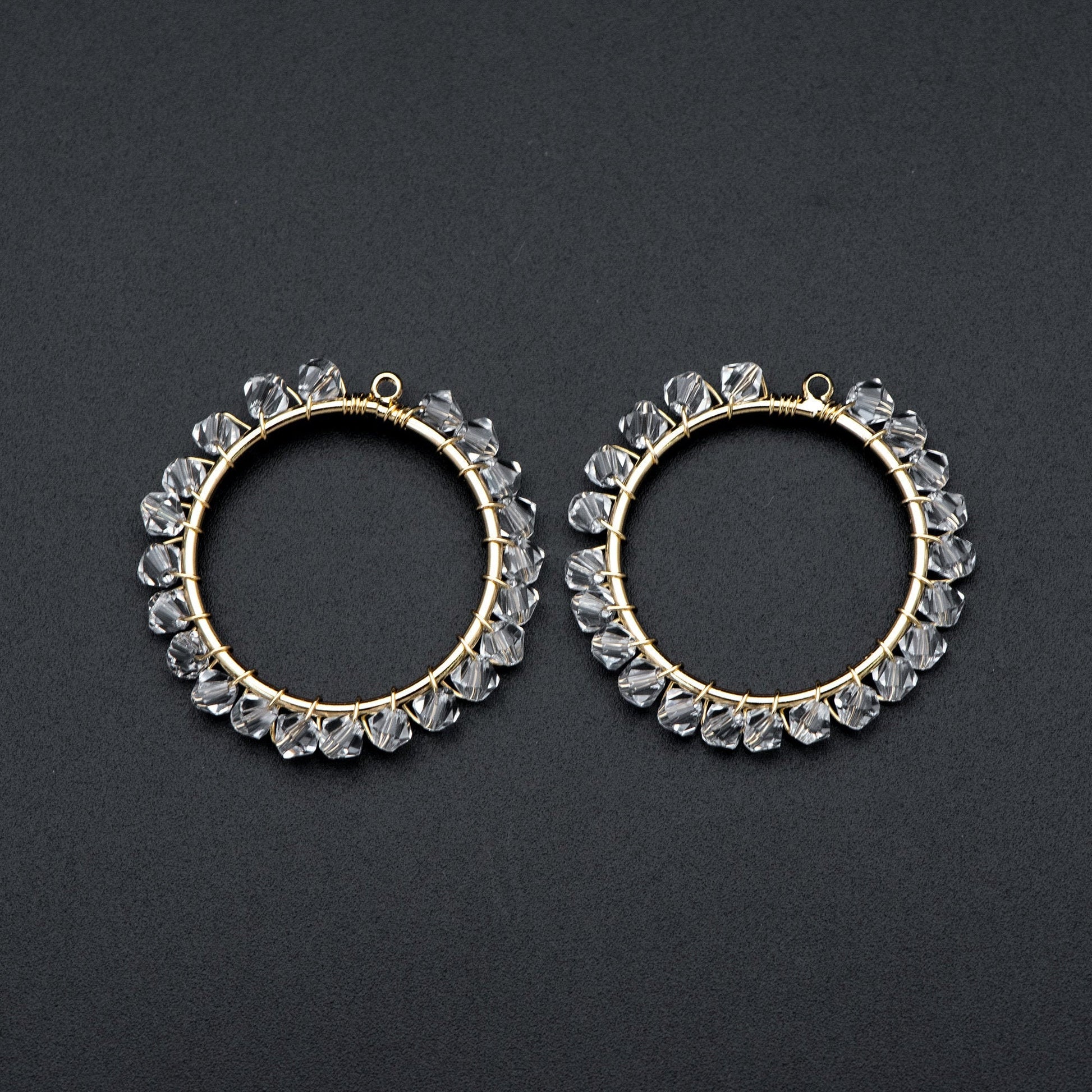 10pcs Gold Beaded 29mm Round Circle Charms , Wired Crystal Beads Geometric Pendants, Dangle Earring Components (GB-683)