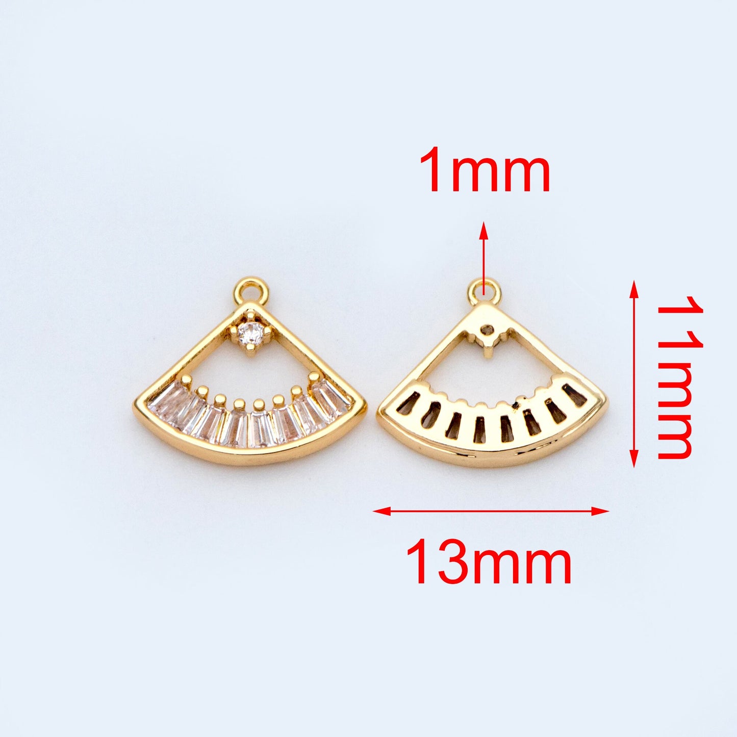 10pcs CZ Pave Gold Fan Shaped Charm 13x11mm, 18K Gold plated on Brass (GB-687)