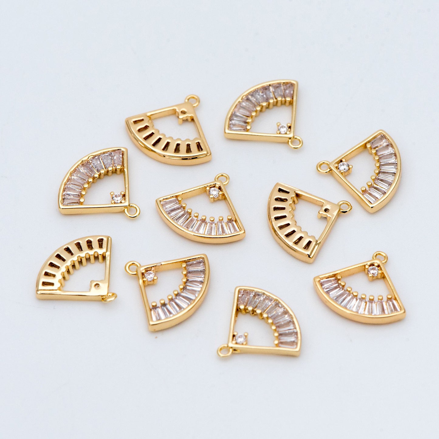 10pcs CZ Pave Gold Fan Shaped Charm 13x11mm, 18K Gold plated on Brass (GB-687)