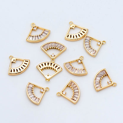 10pcs CZ Pave Gold Fan Shaped Charm 13x11mm, 18K Gold plated on Brass (GB-687)