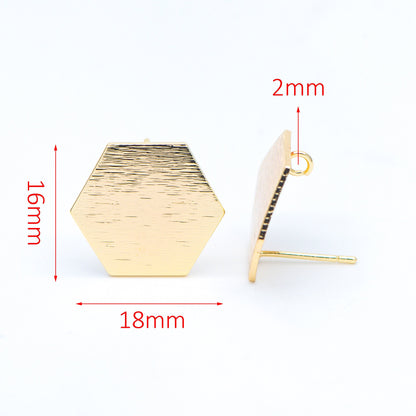 10pcs Brushed Gold Ear Post with Loops Real Gold Plated Brass, Hexagon Geometric Stud Earrings (GB-644)
