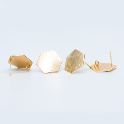 10pcs Brushed Gold Ear Post with Loops Real Gold Plated Brass, Hexagon Geometric Stud Earrings (GB-644)