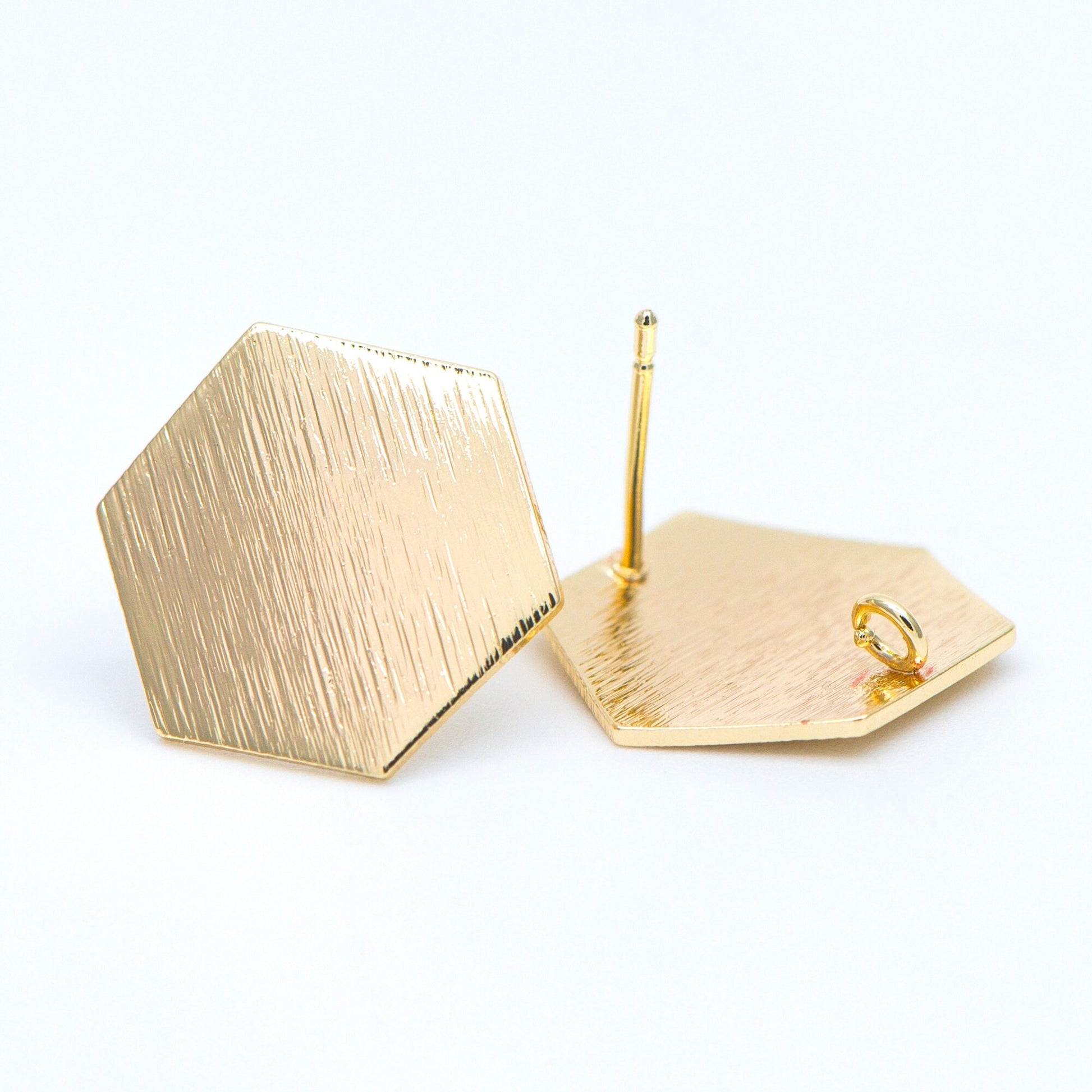 10pcs Brushed Gold Ear Post with Loops Real Gold Plated Brass, Hexagon Geometric Stud Earrings (GB-644)