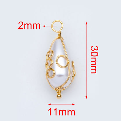 10pcs Gold Wire Wrapped Teardrop Charms 30x11mm, Wired Faux Pearl Pendants (GB-696)