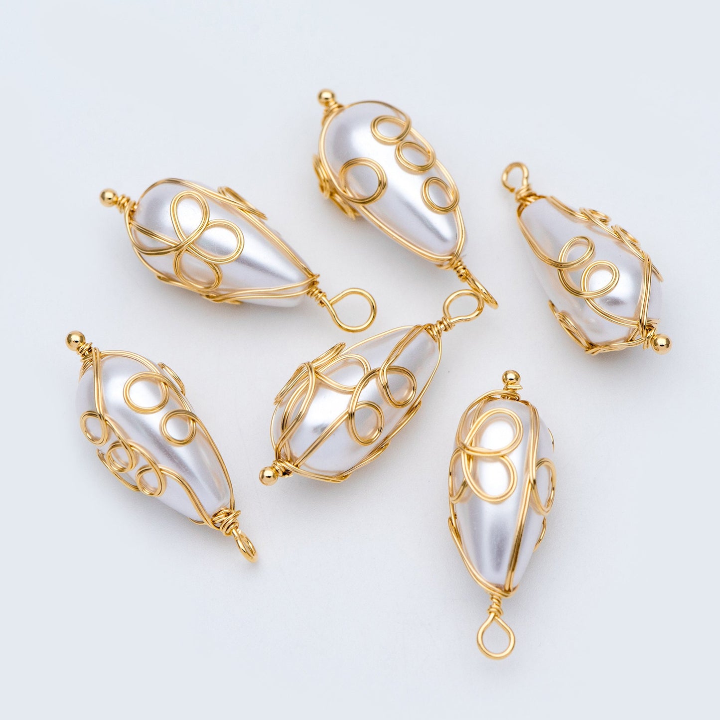10pcs Gold Wire Wrapped Teardrop Charms 30x11mm, Wired Faux Pearl Pendants (GB-696)