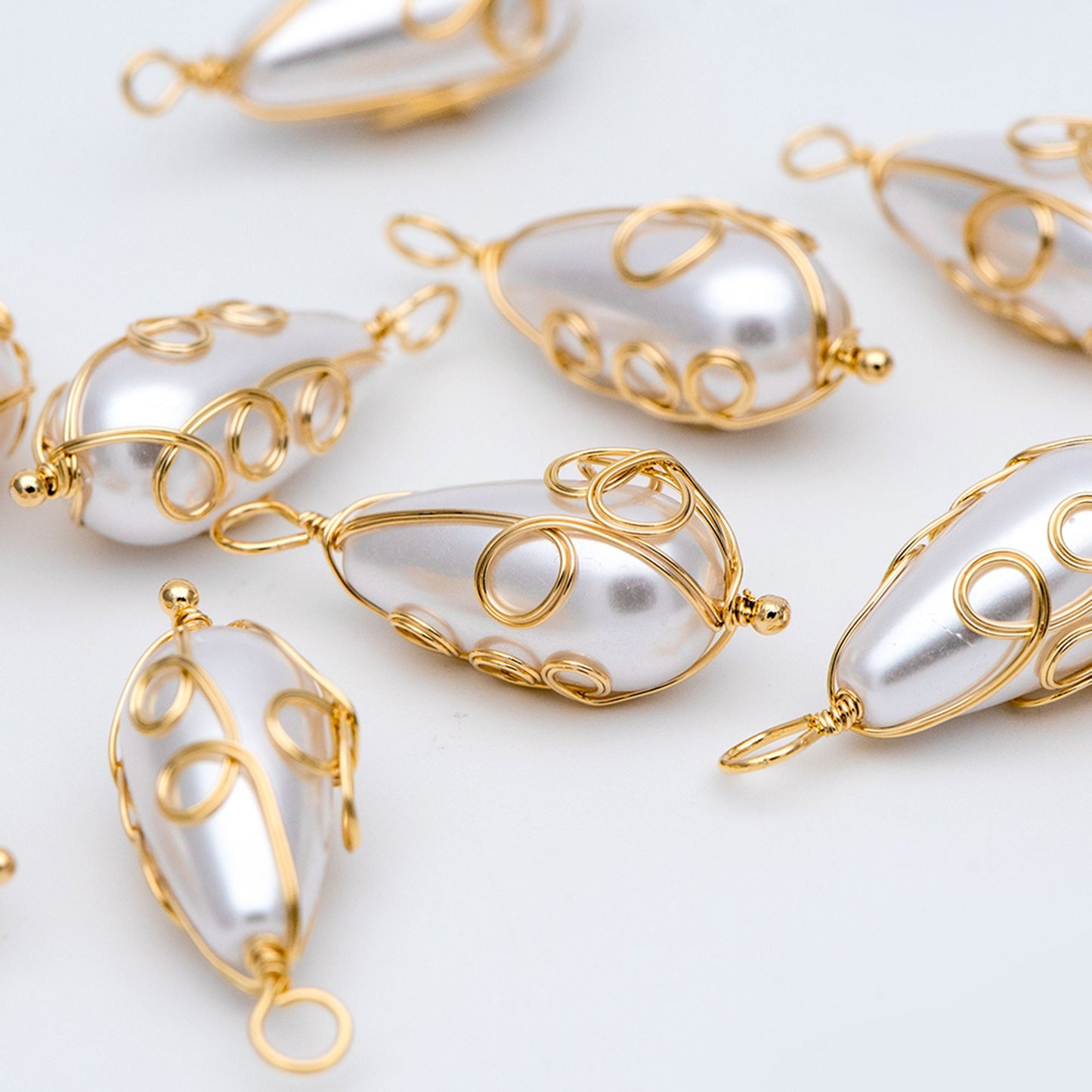 10pcs Gold Wire Wrapped Teardrop Charms 30x11mm, Wired Faux Pearl Pendants (GB-696)