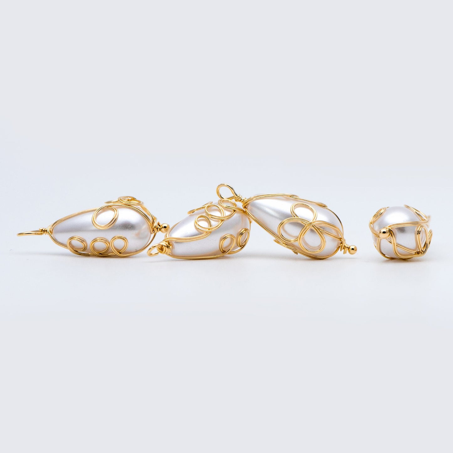 10pcs Gold Wire Wrapped Teardrop Charms 30x11mm, Wired Faux Pearl Pendants (GB-696)