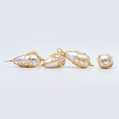 10pcs Gold Wire Wrapped Teardrop Charms 30x11mm, Wired Faux Pearl Pendants (GB-696)