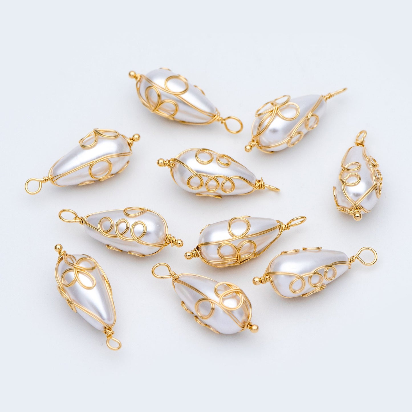 10pcs Gold Wire Wrapped Teardrop Charms 30x11mm, Wired Faux Pearl Pendants (GB-696)