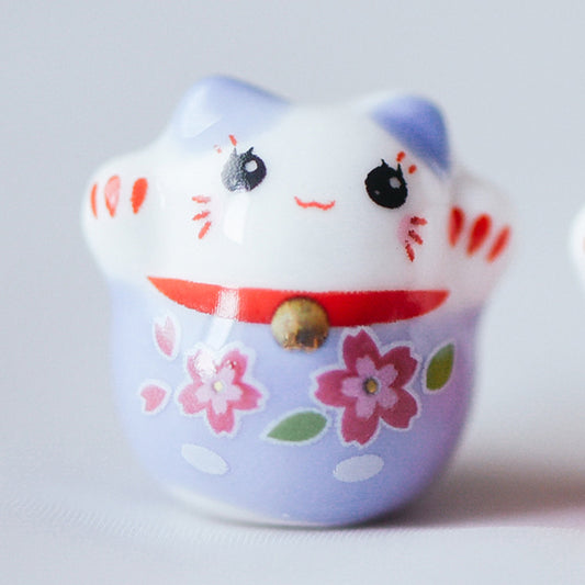 10 beads- Porcelain Lucky Cat beads 19mm, Ceramic Maneki Neko, Drilled Through Kawaii Cats, Blue Red (TC-153)