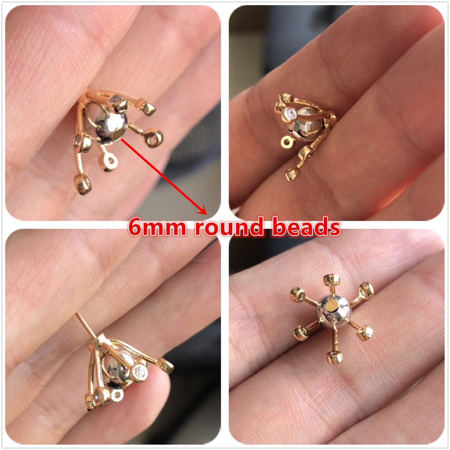 10pcs Gold/ Silver Flower Bead Caps, CZ pave Brooch Flower Center, Floral Cabochon Charms (GB-650)