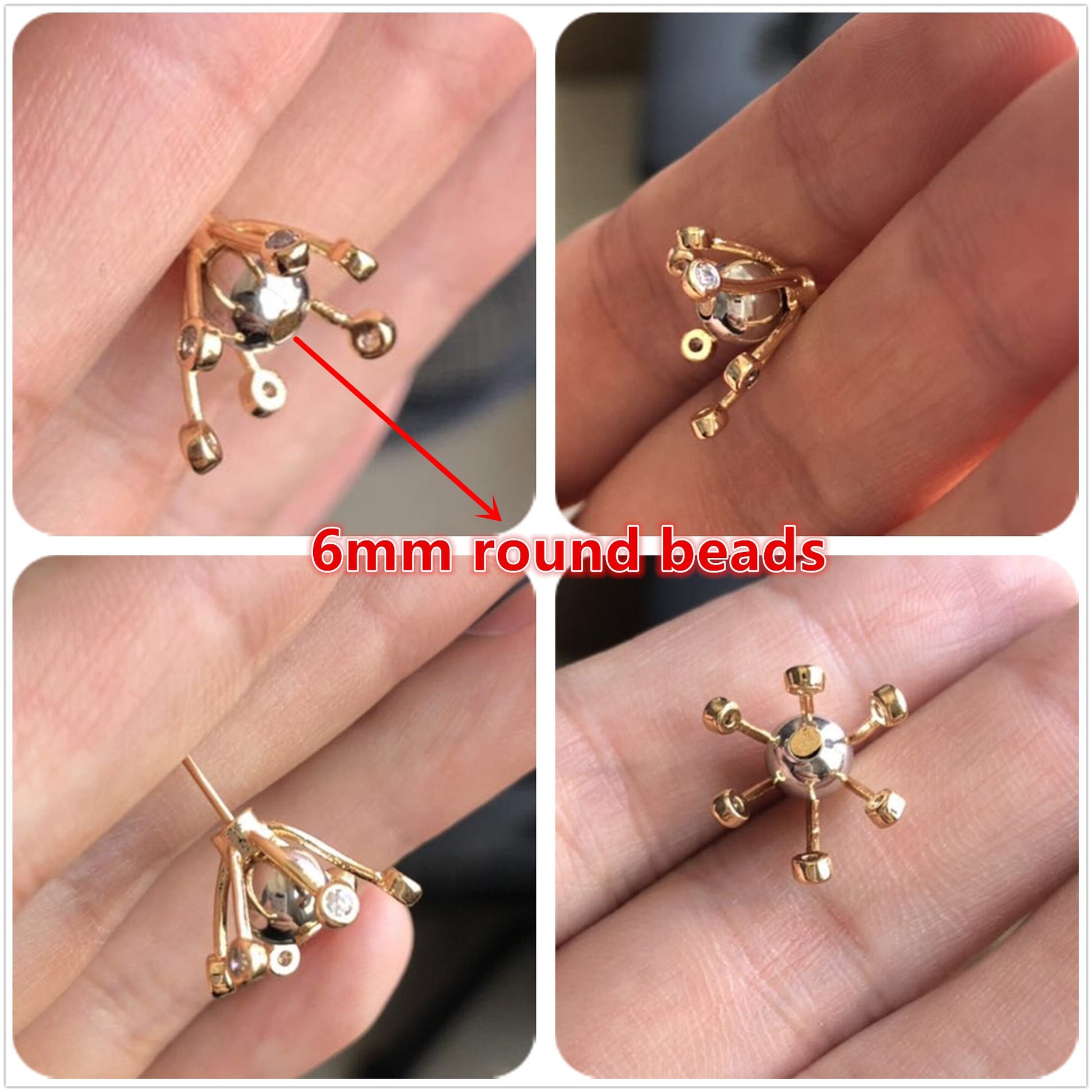 10pcs Gold/ Silver Flower Bead Caps, CZ pave Brooch Flower Center, Floral Cabochon Charms (GB-650)