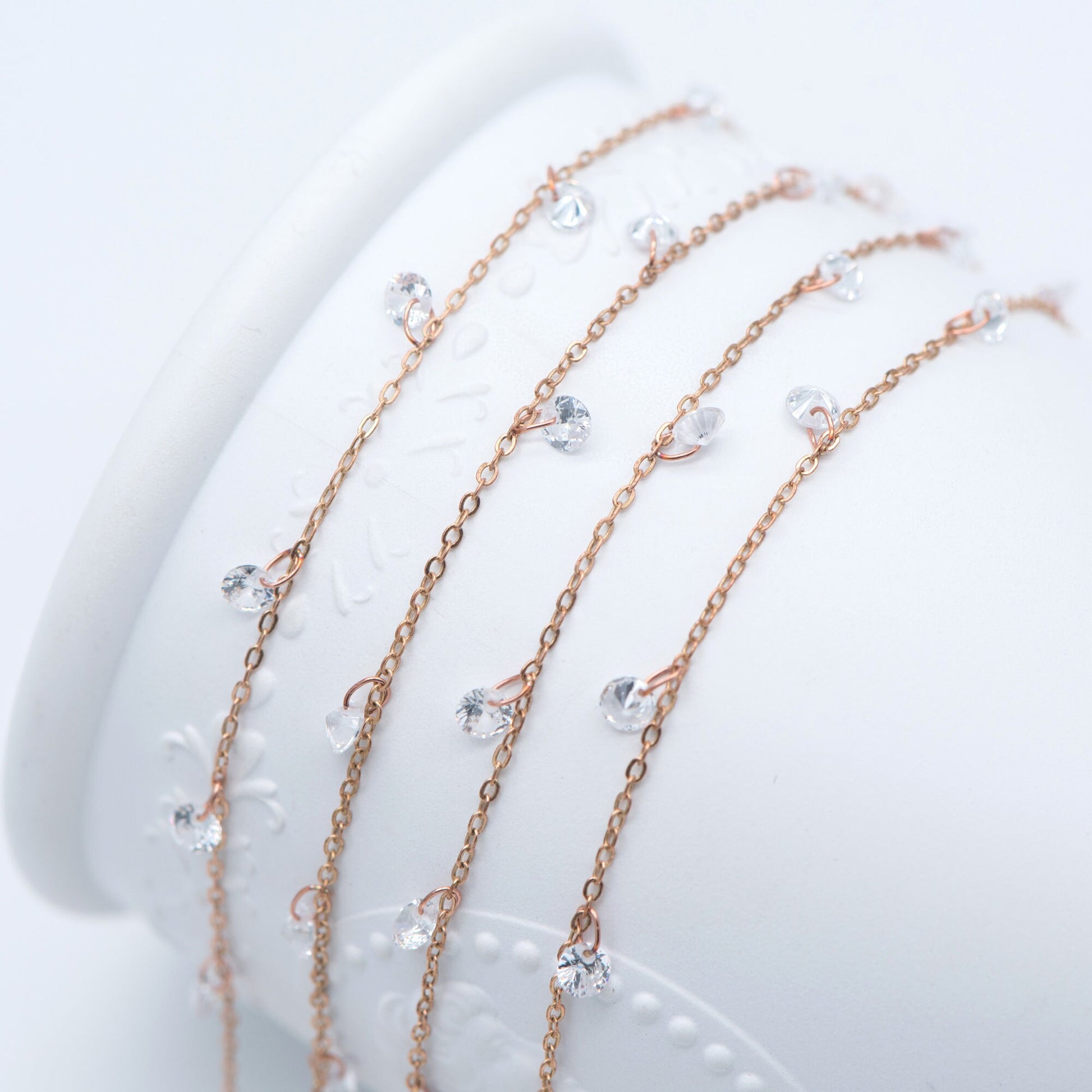 Raw Brass Cable Chains with Clear CZ Charms, Unplated Brass Beaded Chains (#LK-223-RB)/ 1 Meter=3.3 ft