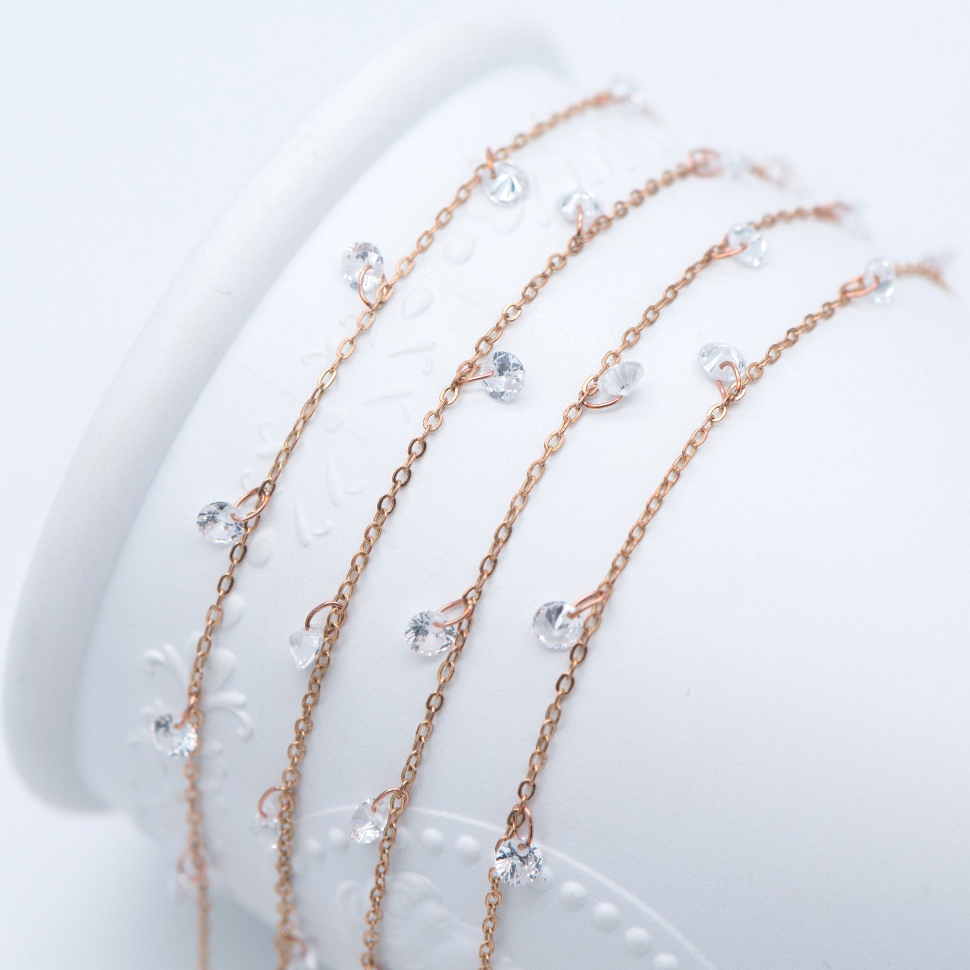 Raw Brass Cable Chains with Clear CZ Charms, Unplated Brass Beaded Chains (#LK-223-RB)/ 1 Meter=3.3 ft