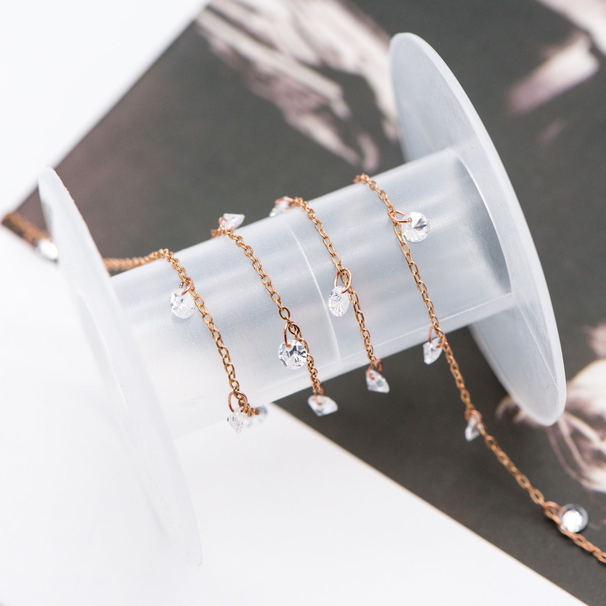 Raw Brass Cable Chains with Clear CZ Charms, Unplated Brass Beaded Chains (#LK-223-RB)/ 1 Meter=3.3 ft