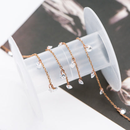 Raw Brass Cable Chains with Clear CZ Charms, Unplated Brass Beaded Chains (#LK-223-RB)/ 1 Meter=3.3 ft