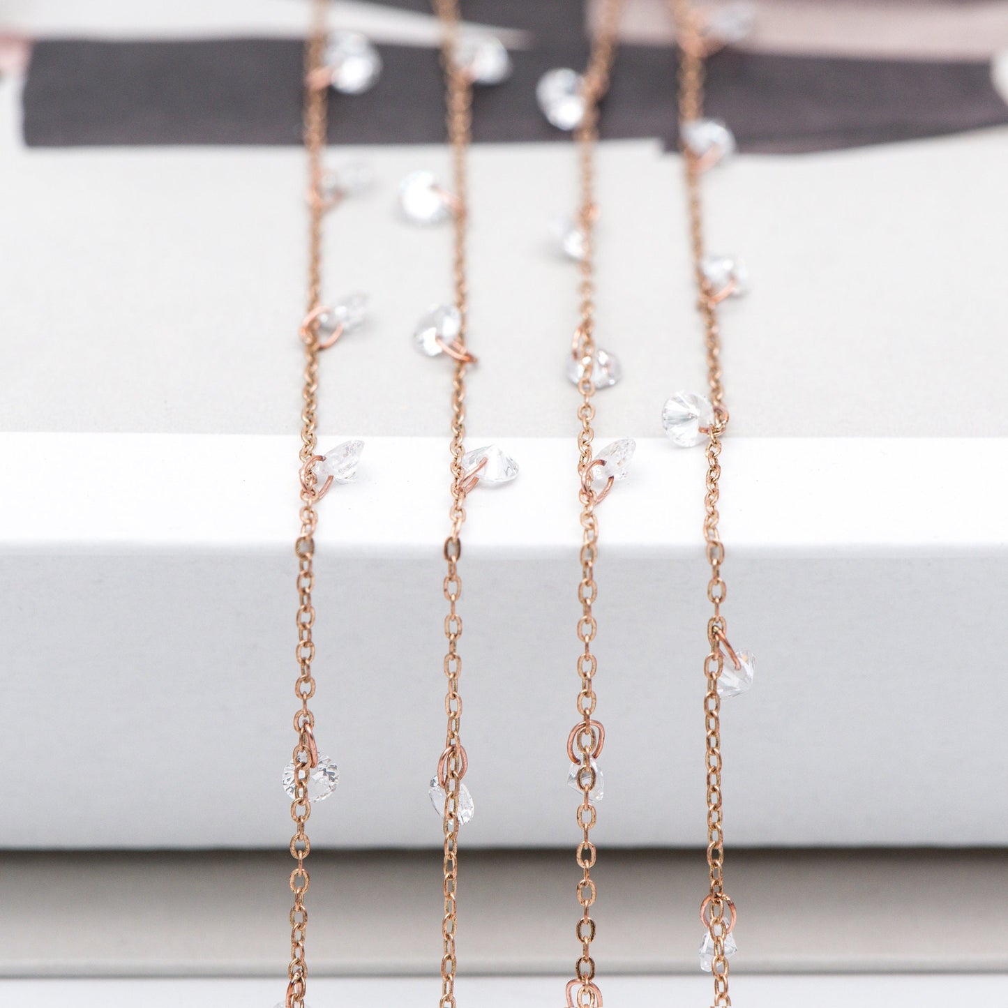 Raw Brass Cable Chains with Clear CZ Charms, Unplated Brass Beaded Chains (#LK-223-RB)/ 1 Meter=3.3 ft