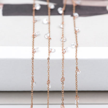 Raw Brass Cable Chains with Clear CZ Charms, Unplated Brass Beaded Chains (#LK-223-RB)/ 1 Meter=3.3 ft