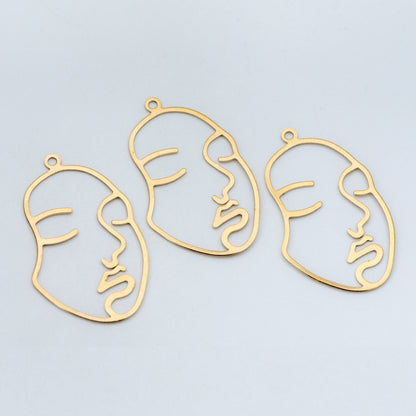 10pcs Raw Brass Face Outline Charms 43x26mm, Vintage Styled Face Pendants Wholesale (RB-140)