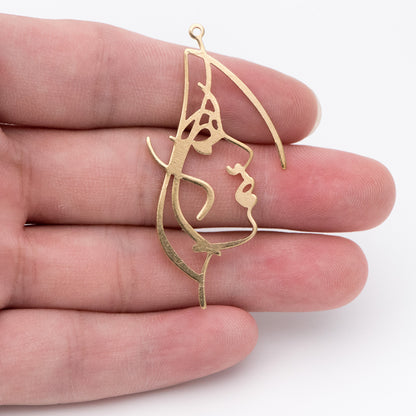 10pcs Raw Brass Face Outline Charms 50x25mm, Vintage Styled Face Pendants Wholesale (RB-158)