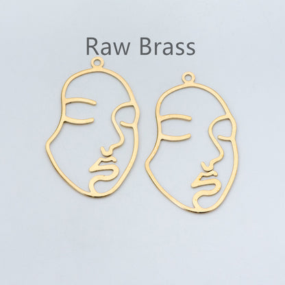 10pcs Raw Brass Face Outline Charms 43x26mm, Vintage Styled Face Pendants Wholesale (RB-140)