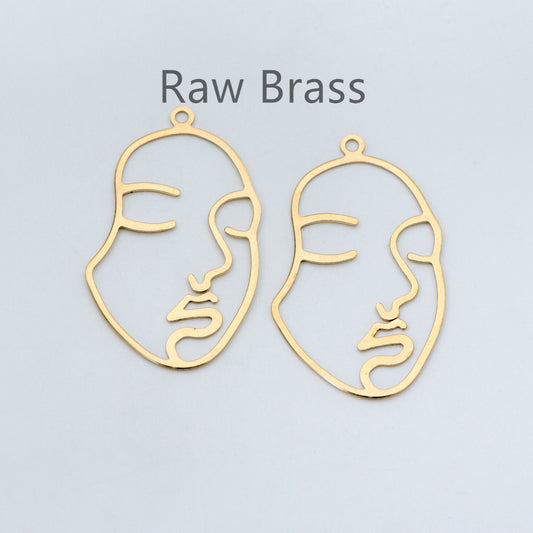 10pcs Raw Brass Face Outline Charms 43x26mm, Vintage Styled Face Pendants Wholesale (RB-140)