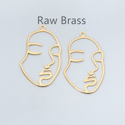10pcs Raw Brass Face Outline Charms 43x26mm, Vintage Styled Face Pendants Wholesale (RB-140)