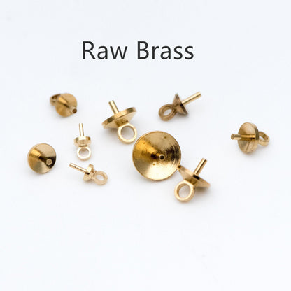 20pcs Raw Brass Peg Bail For Half Drilled Pearls Or Stones, 3/ 4/ 5/ 6/ 8mm Cup Multi Size (RB-173)