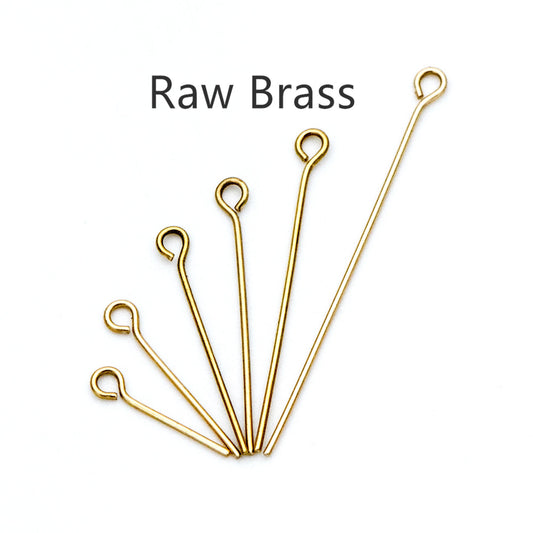 100pcs Raw Brass Eye Pins 0.7mm(21 Gauge), Yellow Brass Eyepins Wholesale, 14/ 18/ 23/ 26/ 30/ 40mm Multi Size (RB-182)