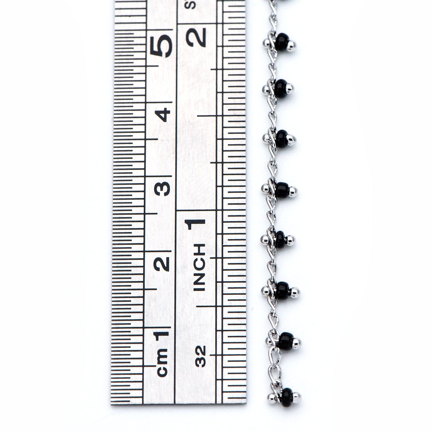 Rhodium plated Brass Beaded Chains, Silver tone Chain with Black Glass Seed Beads, Necklace Chain Components (#LK-271-2)/ 1 Meter=3.3 ft