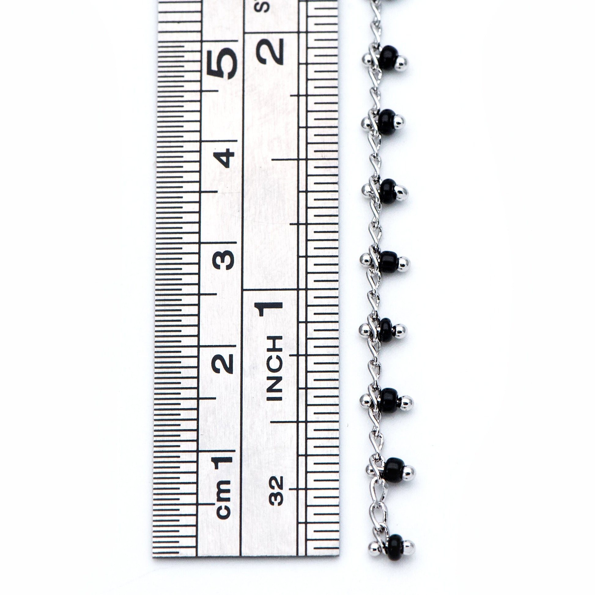 Rhodium plated Brass Beaded Chains, Silver tone Chain with Black Glass Seed Beads, Necklace Chain Components (#LK-271-2)/ 1 Meter=3.3 ft