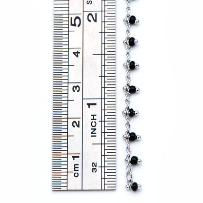 Rhodium plated Brass Beaded Chains, Silver tone Chain with Black Glass Seed Beads, Necklace Chain Components (#LK-271-2)/ 1 Meter=3.3 ft