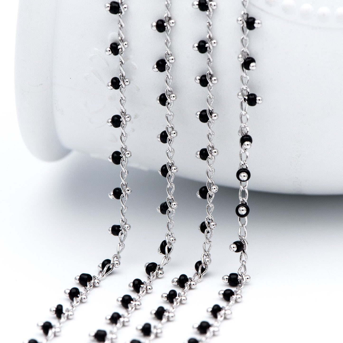 Rhodium plated Brass Beaded Chains, Silver tone Chain with Black Glass Seed Beads, Necklace Chain Components (#LK-271-2)/ 1 Meter=3.3 ft