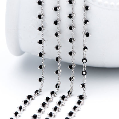 Rhodium plated Brass Beaded Chains, Silver tone Chain with Black Glass Seed Beads, Necklace Chain Components (#LK-271-2)/ 1 Meter=3.3 ft