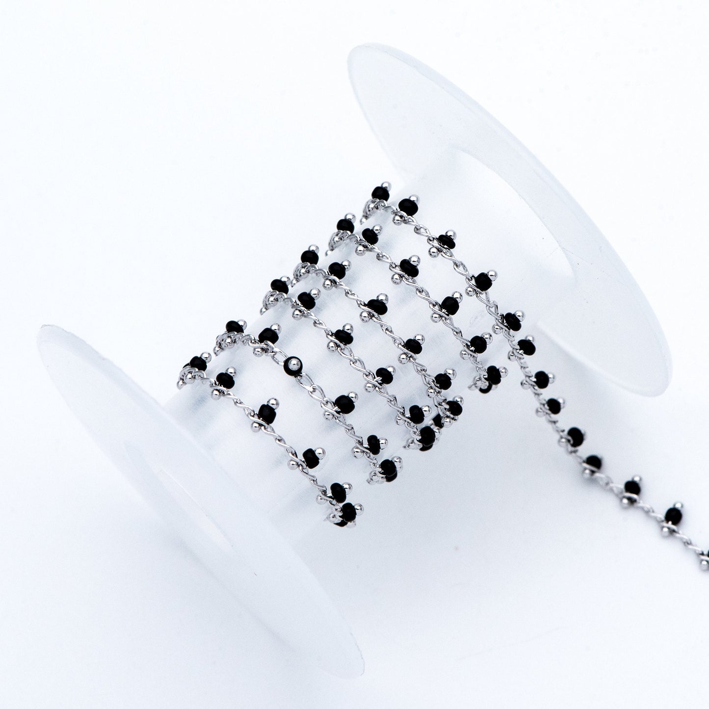 Rhodium plated Brass Beaded Chains, Silver tone Chain with Black Glass Seed Beads, Necklace Chain Components (#LK-271-2)/ 1 Meter=3.3 ft