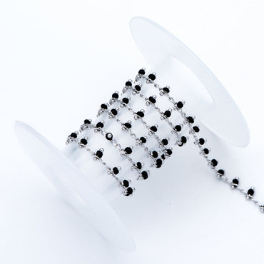 Rhodium plated Brass Beaded Chains, Silver tone Chain with Black Glass Seed Beads, Necklace Chain Components (#LK-271-2)/ 1 Meter=3.3 ft