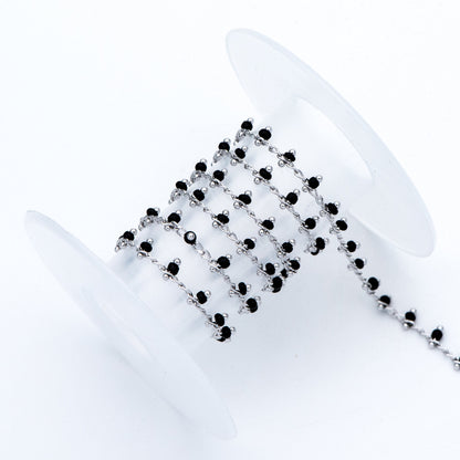 Rhodium plated Brass Beaded Chains, Silver tone Chain with Black Glass Seed Beads, Necklace Chain Components (#LK-271-2)/ 1 Meter=3.3 ft