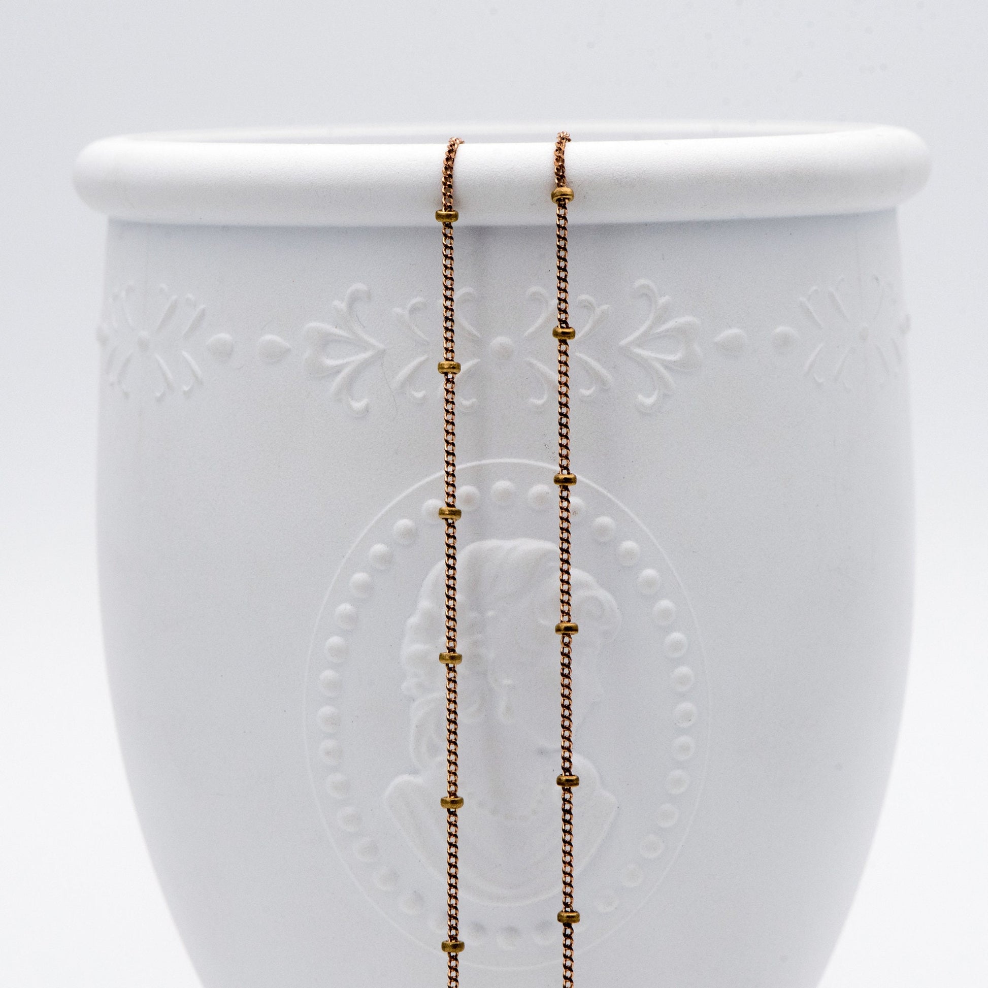 Raw Brass Satellite Chains, 1mm Curb Chain with 2mm Rondelle Beads, DIY Necklace Chain Wholesale (#LK-264-RB)/ 1 Meter=3.3 ft