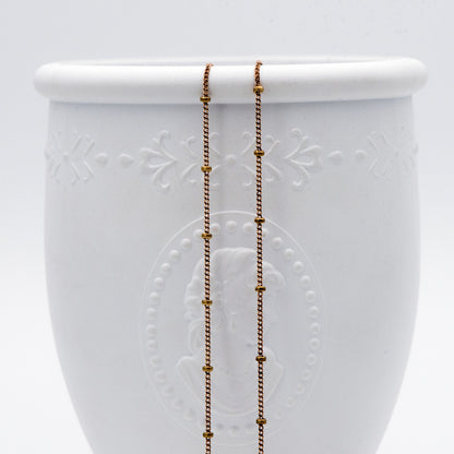 Raw Brass Satellite Chains, 1mm Curb Chain with 2mm Rondelle Beads, DIY Necklace Chain Wholesale (#LK-264-RB)/ 1 Meter=3.3 ft