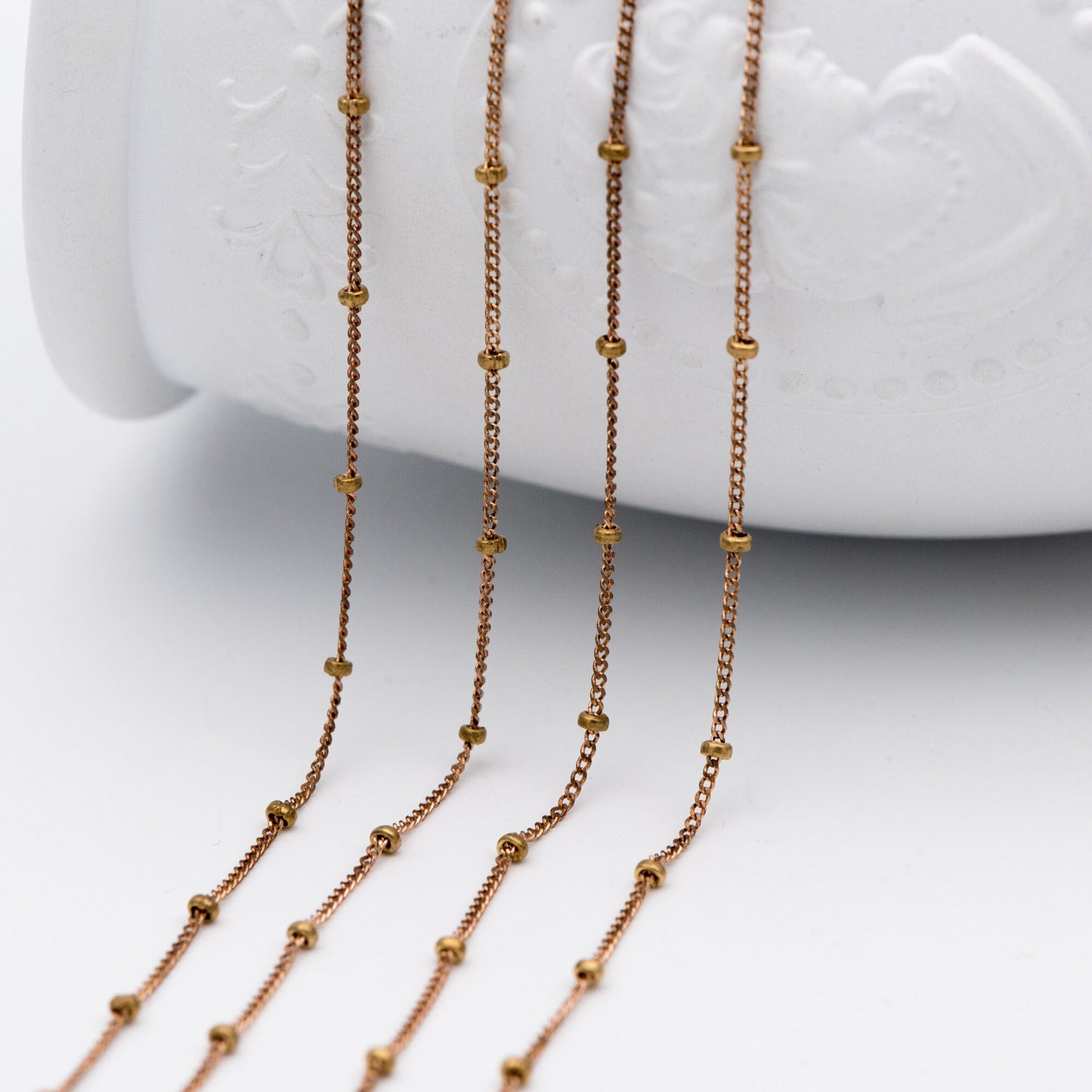 Raw Brass Satellite Chains, 1mm Curb Chain with 2mm Rondelle Beads, DIY Necklace Chain Wholesale (#LK-264-RB)/ 1 Meter=3.3 ft