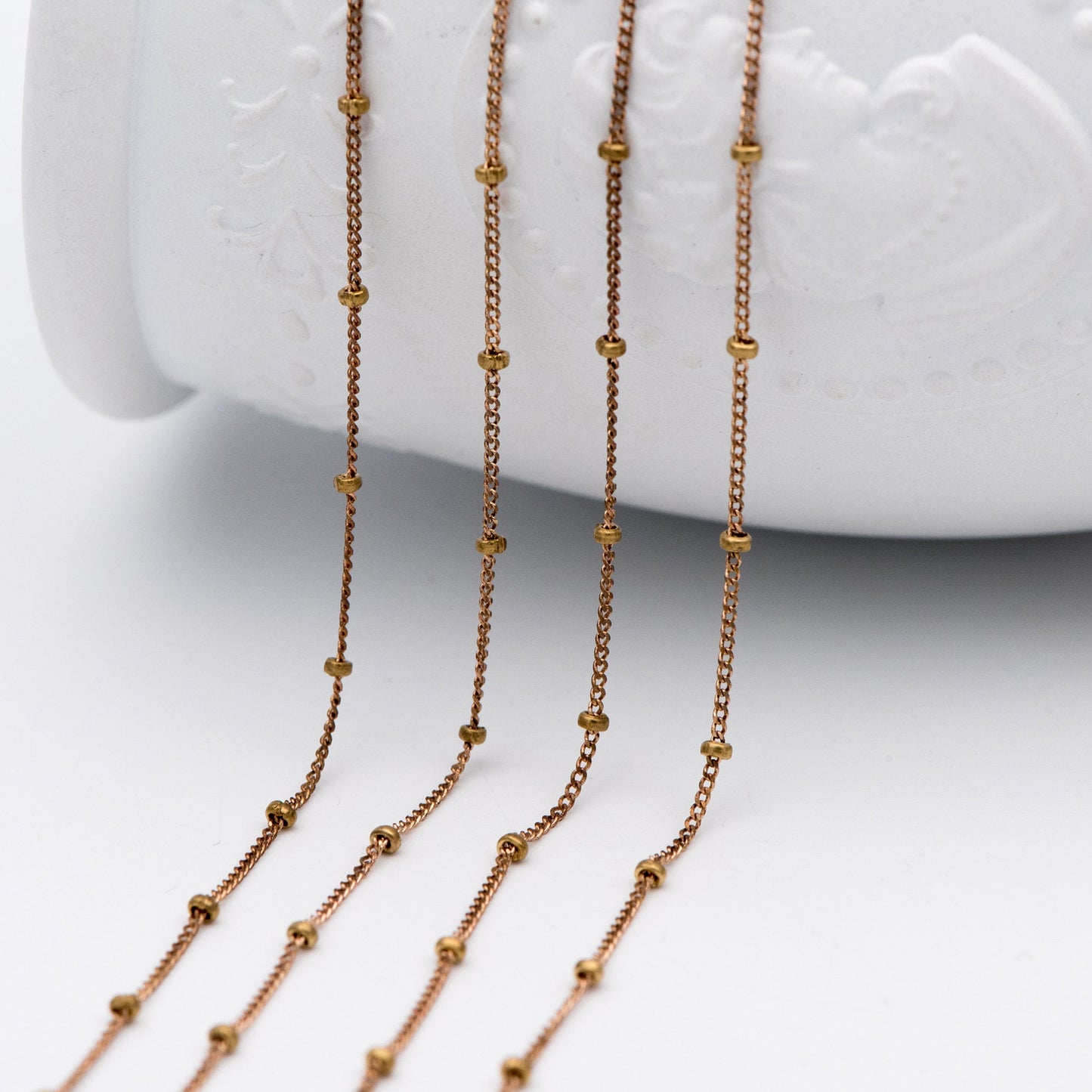 Raw Brass Satellite Chains, 1mm Curb Chain with 2mm Rondelle Beads, DIY Necklace Chain Wholesale (#LK-264-RB)/ 1 Meter=3.3 ft