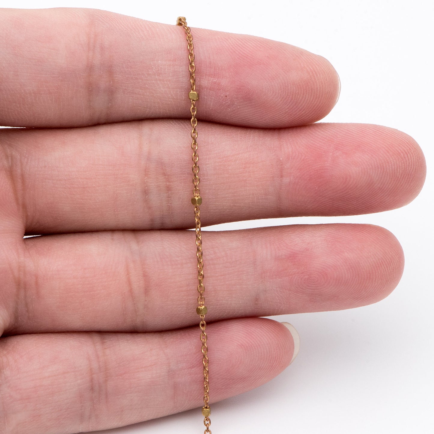 Dainty Raw Brass Beaded Cable Chains, 1.2mm Tiny Chain with 1.4mm Cube Beads, Delicate Chains for DIY Necklace (#LK-263-RB)/ 1 Meter=3.3 ft